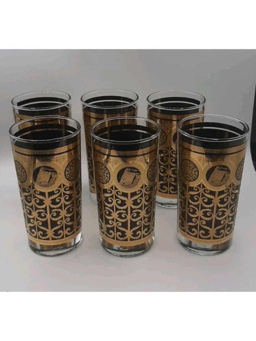 Libbey Black Gold 22K Geometric MCM Barware Drinking Highball Glasses Lot Of 6